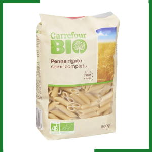 Pâtes, Bio, Semi-complets, Penne rigate, Carrefour Bio 500g.